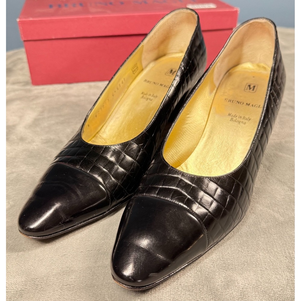 Bruno Magli Crococina Pumps Womens 8B Black Croc Embossed Leather Italy